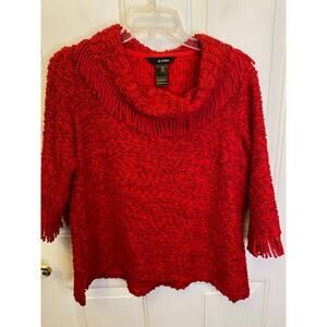 Ali Miles Red Fringe Cowl Neck Knit 3/4 Sleeve Lightweight Sweater Sz M Petite